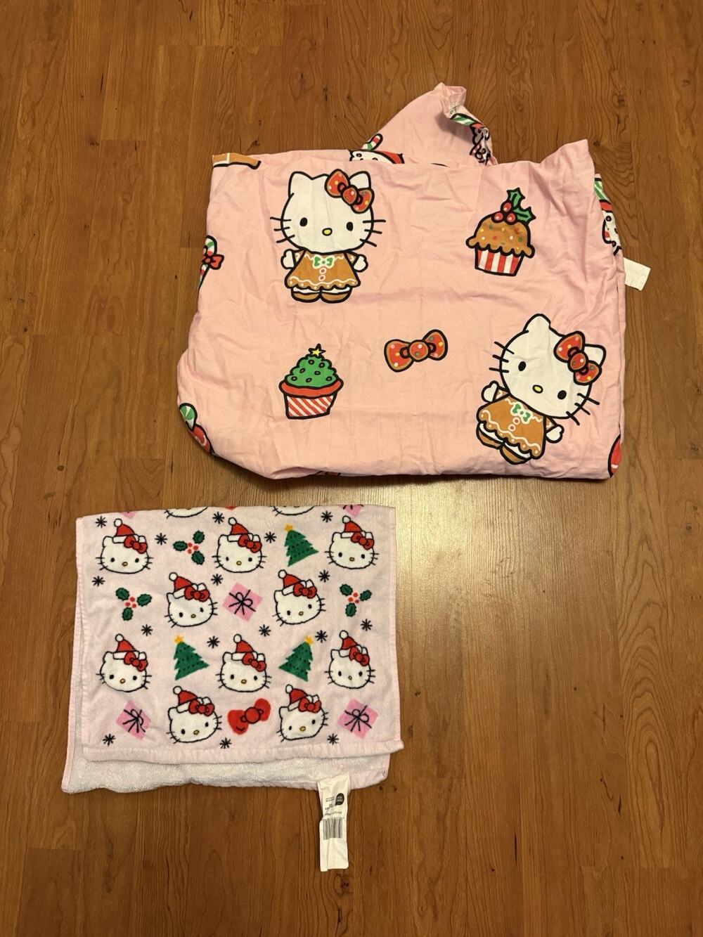 Hello Kitty Christmas Shower Curtain 70x72 Gingerbread + Hand Towel PINK PREOWN